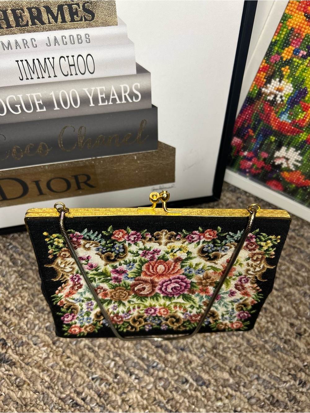 Vintage Needlepoint Floral Tapestry Purse • Petit Point • Kiss Lock • Chain - Picture 3 of 8